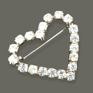 Vintage Mid Century Rhinestone Silvertone Heart Brooch Pin